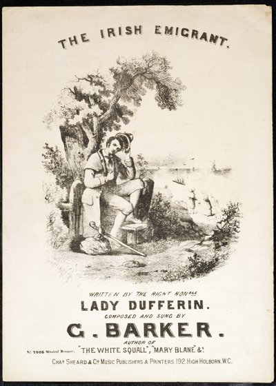 Lady Dufferin tarafından yazılan, G. Barker tarafından bestelenen İrlandalı Göçmen müziğinin ön kapağı by English School