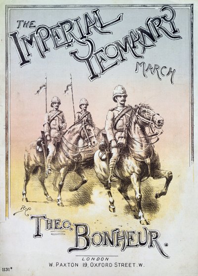 Theon Bonheur tarafından yazılan The Imperial Yeomanry March için müzik puanının ön kapağı by English School