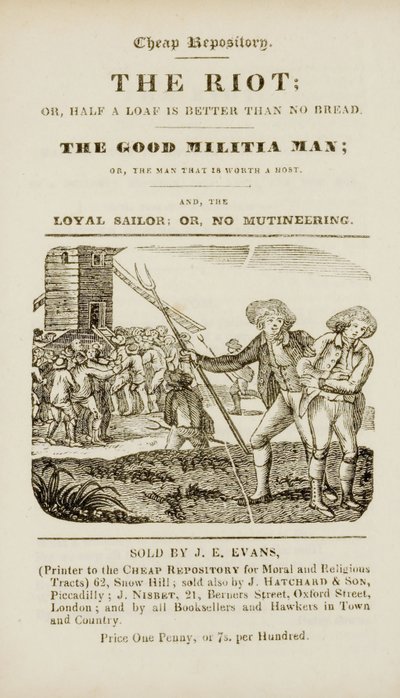 "İsyan veya Yarım somun ekmek olmamasından iyidir; İyi milis adamı veya Ev sahibi olmaya değer adam; ve Sadık denizci veya isyan yok" dan cephe yazısı, c.1839-44 by English School