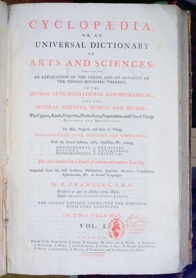 Frontispiece of Encyclopaedia: An Universal Dictionary of Arts and Sciences, Cilt. I, Ephraim Chambers, Londra, 1738 (basılı kağıt) by English School