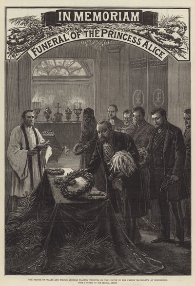 Prenses Alice, Galler Prensi ve Prens Leopold'un Rosenhohe'deki Aile Mozolesi'ndeki Tabuta Çelenkler koyarak cenaze töreni (gravür) by English School