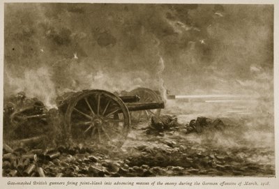 Gaz maskeli İngiliz topçular, 1918, 1918-19 Mart Alman taarruzu sırasında düşmanın ilerleyen kitlelerine nokta atışı ateş etti. by English School