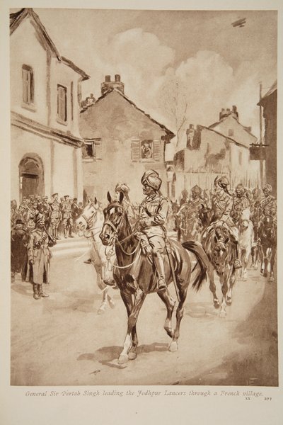 General Sir Pertab Singh, Jodhpur Lancerlarına bir Fransız köyünden geçiyor, 1914-19 by English School
