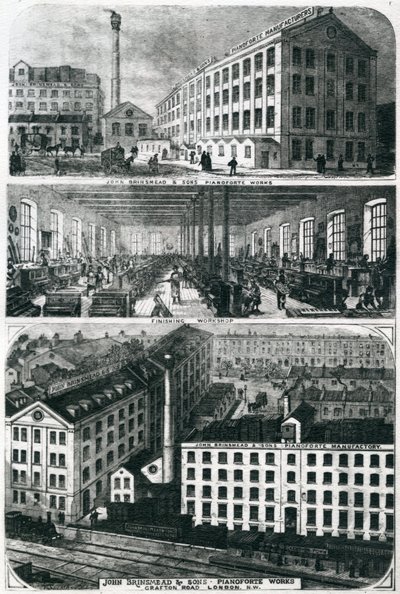 John Brimsmead & Sons Pianoforte eserlerinin genel görünümü, Grafton Road, Kentish Town, Londra (gravür) by English School