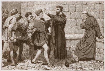 George Wishart müstakbel suikastçisini koruyor, James Aitken Wylie'nin (1808-1890) 'Protestanlığın Tarihi'nden bir çizim, pub. 1878 (gravür) by English School