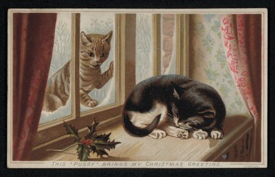 Zencefilli kedi pencereden başka bir uyuyan kediye bakıyor, Noel tebrik kartı (chromolitho) by English School