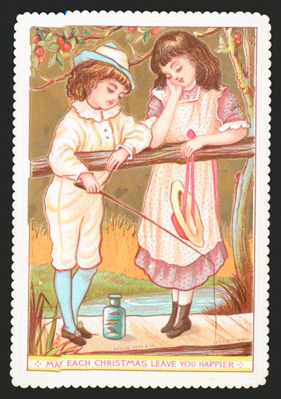 Kız ve erkek çubuk, Noel kartı ile balık tutma by English School