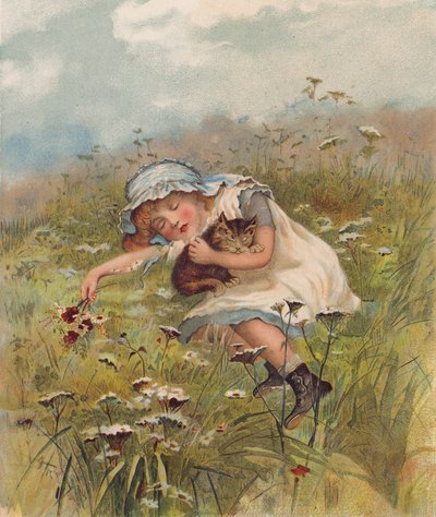 Kız ve bir tarlada uyuyan bir kedi (chromolitho) by English School