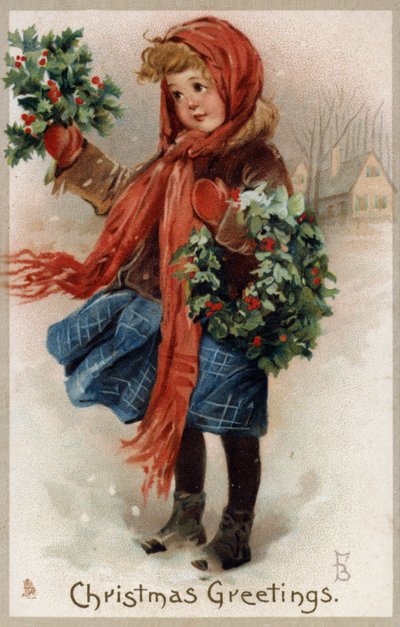 Kutsal ve Noel çelenkleri (chromolitho) satan kız by English School