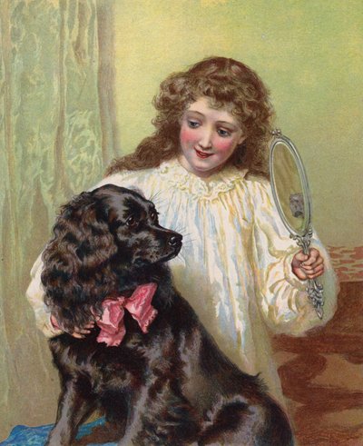 Kız, evcil köpeğine aynadaki yansımasını gösteriyor (chromolitho) by English School