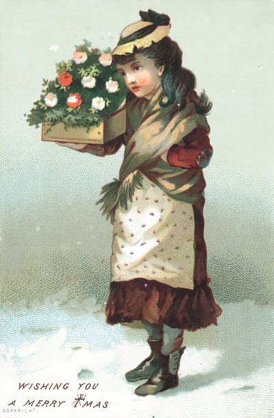 Bir kutu çiçek taşıyan karda yürüyen kız, Noel Kartı by English School