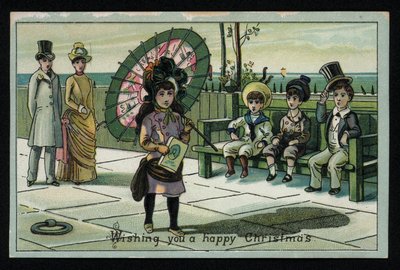 Sahil gezinti yolunda yürüyen büyük şemsiyeli kız, Noel tebrik kartı. (kromolito) by English School