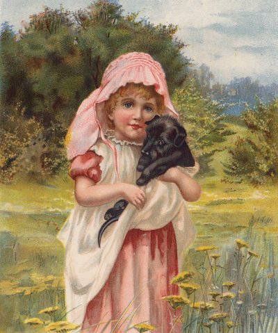 Köpek yavrusu olan kız (chromolitho) by English School