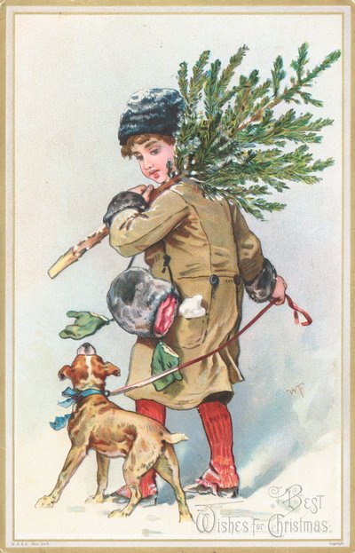 Noel ağacı, Noel kartı taşıyan köpekli kız by English School