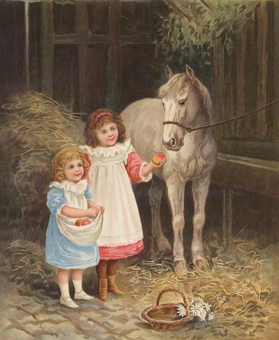 Evcil bir ata elma yediren kızlar (kromolito) by English School