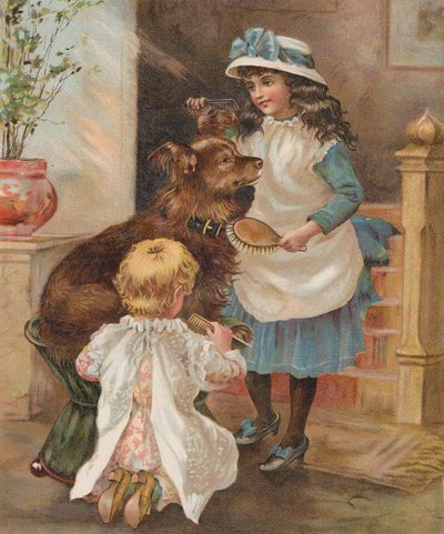 Köpeklerini tımar eden kızlar (chromolitho) by English School