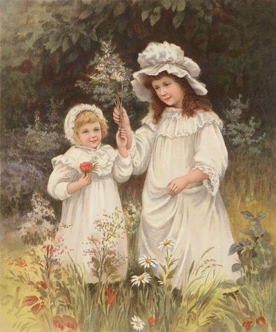 Çayırda çiçek toplayan kızlar (chromolitho) by English School
