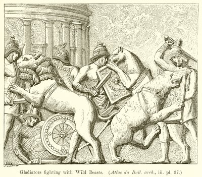 Vahşi Canavarlarla savaşan gladyatörler. (Atlas du Bull. arch., iii. pl. 37) by English School