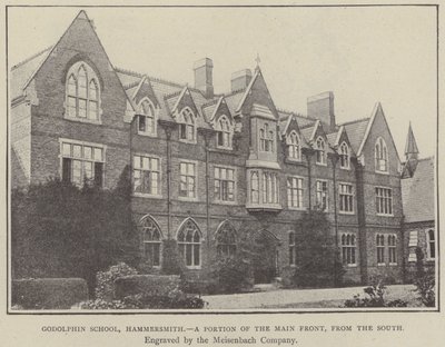Godolphin Okulu, Hammersmith, ana cephenin bir kısmı, güneyden (gravür) by English School