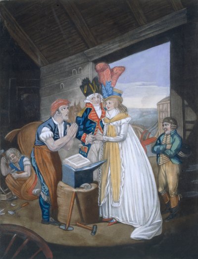 Gretna Green veya Red-Hot Marriage, pub. Aurrie & Whittle tarafından, 1794 88:Oh! Bay Demirci, Acılarımızı hafifletin - ve bizi Wedlocks Chains 99:dişi; geleneksel kostüm; tra by English School