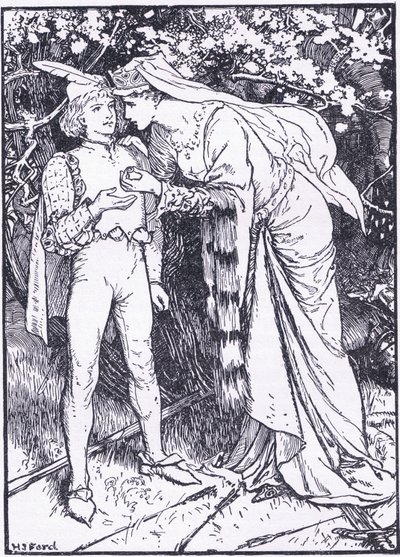 Guenevere, yardım için sayfasını Lancelot'a gönderiyor, Longmans Green and Co tarafından yayınlanan 'The Book of Romance'dan bir örnek by English School