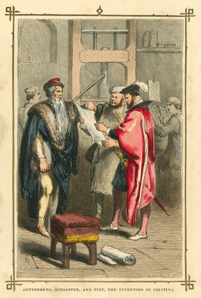 Gutenberg, Schoeffer ve Fust, baskının mucitleri (renkli lito) by English School