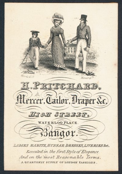 H Pritchard, tüccar, terzi ve kumaşçı, ticaret kartı by English School