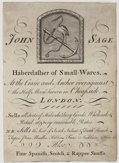 Tuhafiyeler, John Sage, ticari kart by English School