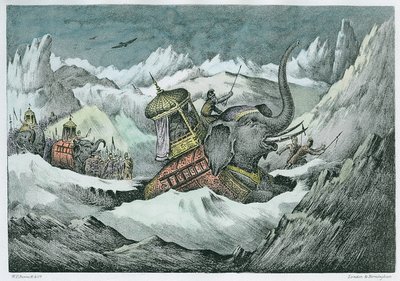 Hannibal (MÖ 247-c.183) ve savaş filleri Alpleri geçerken (daha sonra renklendirme) by English School