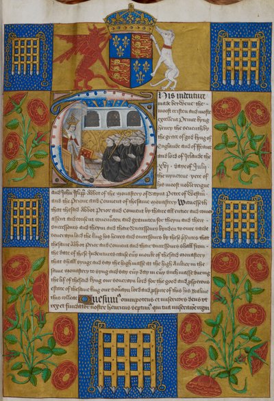 Harley 1498, f.1 Henry VII, sözleşmeyi Westminster Abbey Abbot