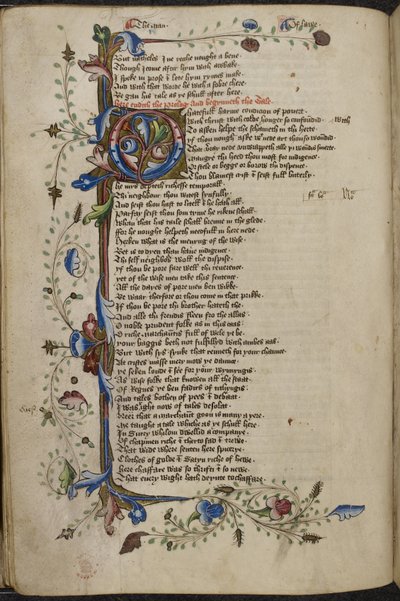 Harley 1758, f.56v Bar kenarlığı ve Geoffrey Chaucer tarafından yazılan Man of Law