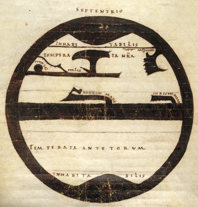 Harley MS 2772 f. 70v, Diyagramatik Bölgesel Dünya Haritası, c.1050 (parşömen üzerine mürekkep ve tempera) by English School