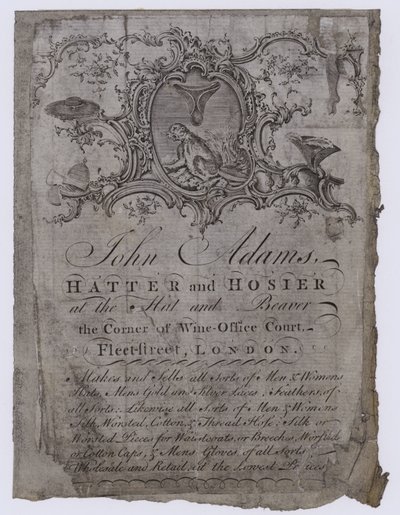 Şapkacılar, John Adams, ticaret kartı by English School