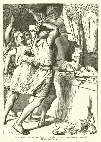 "Garip tanrıların sunaklarını kaldırdı... ve görüntüleri frenledi", II, Chronicles, xiv, 3 (gravür) by English School
