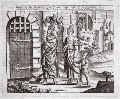 İmparator Henricus, karısı ve çocuğuyla birlikte, yalınayak ve yalınayak, üç gün üç gece Canusuam kapılarında bekliyor, John Foxe
