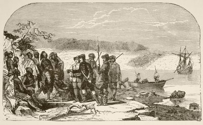 Henry Hudson 1609'da Kızılderililere içki teklif ediyor (litho) by English School