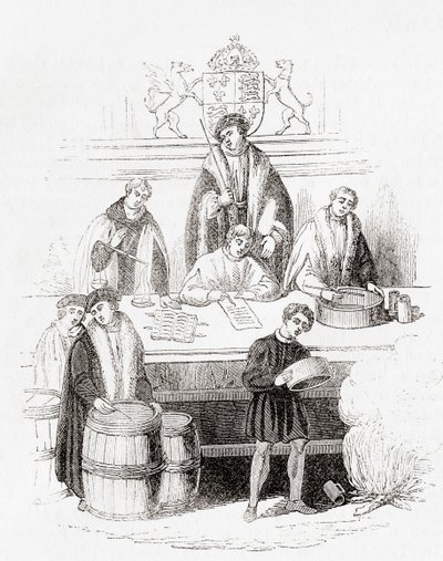 Henry VII'nin 1497'de hazinede ağırlık ve ölçü denemesi, Old England: A Pictorial Museum, pub. 1847 by English School