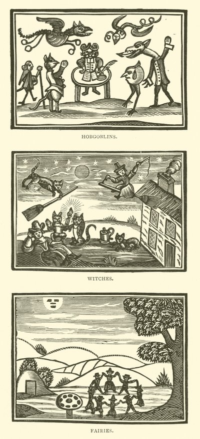 Hobgoblinler, cadılar, periler (tahta baskı) by English School
