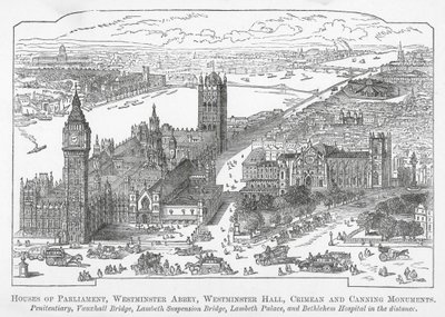 Parlamento Binası, Westminster Abbey, Westminster Hall, Kırım ve Canning Anıtları (gravür) by English School