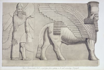 Koujunjik'i çevreleyen duvardaki bir geçitten insan başlı Boğa ve kanatlı figür, Austen Henry Layard (1817-94) tarafından yayınlanan Nineveh ve Kalıntıları'ndan 3. levha, 1849 by English School