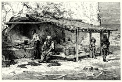 Tunny balıkçılarının kulübeleri: Praelucca Körfezi (gravür) by English School
