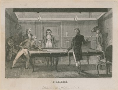 Bilardo oynayan bir grup erkeği gösteren çizim by English School