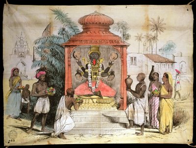 Hindistan, Kali figürü ve ibadeti, c.1850 (kumaş üzerinde mürekkep ve yıkamalar) by English School
