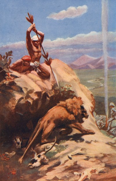 Bir aslanı mızraklayan Hintli adam (renkli taş baskı) by English School