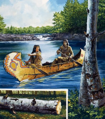 Indians in canoe by English School