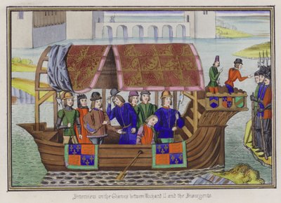 Kral II. Richard ve İsyancılar arasındaki Thames üzerine söyleşi (renkli gravür) by English School