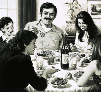 Akşam yemeğinde spagetti yiyen İtalyan aile by English School