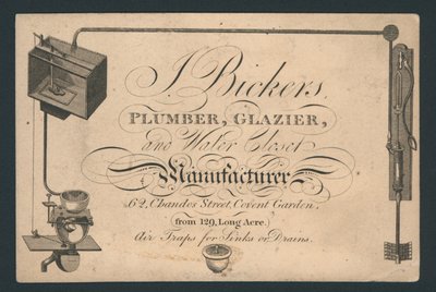 J Bickers, tesisatçı, cam ve klozet üreticisi, 62 Chandos Street, Covent Garden, ticari kart by English School