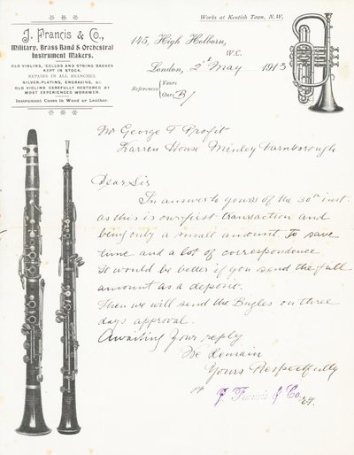 J Francis & Co, askeri, bando ve orkestra enstrümanı yapımcıları by English School