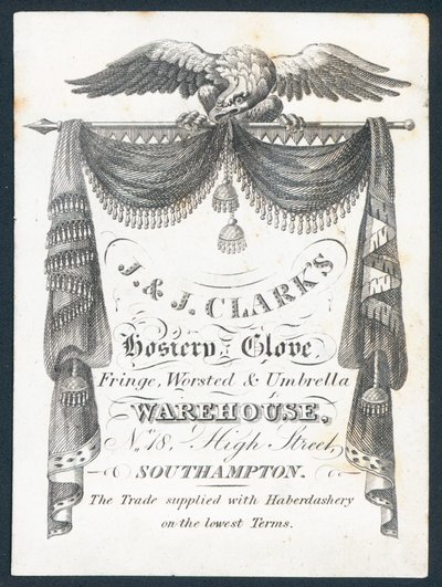 J & J Clarks, çorap, eldiven, saçak, kamgarn ve şemsiye deposu, ticari kart by English School